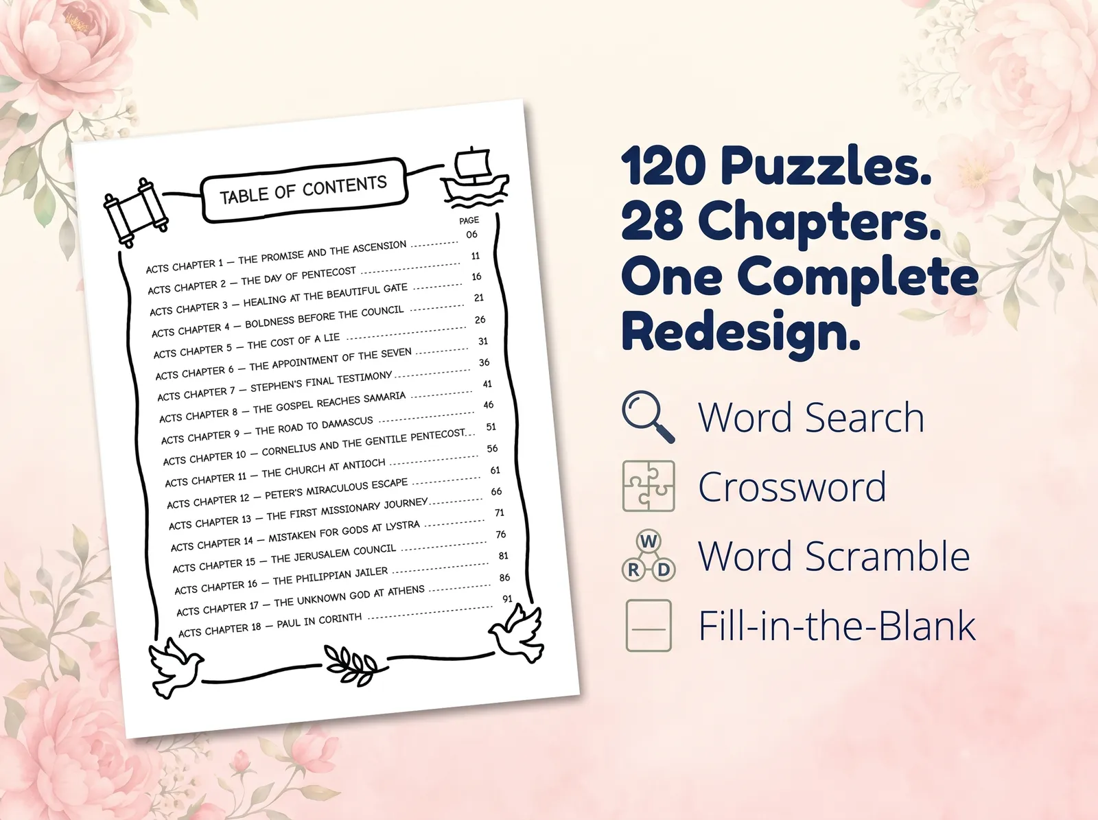 Table of contents of the Book of Acts puzzle book with chapter titles