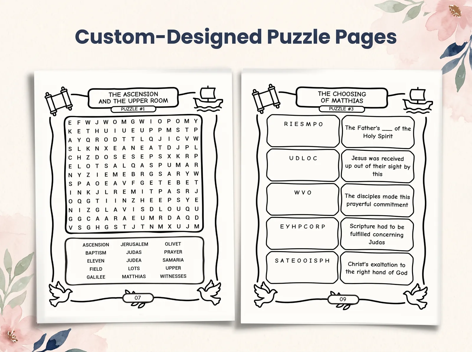 Bible word search page and word scramble page from the Book of Acts puzzle book