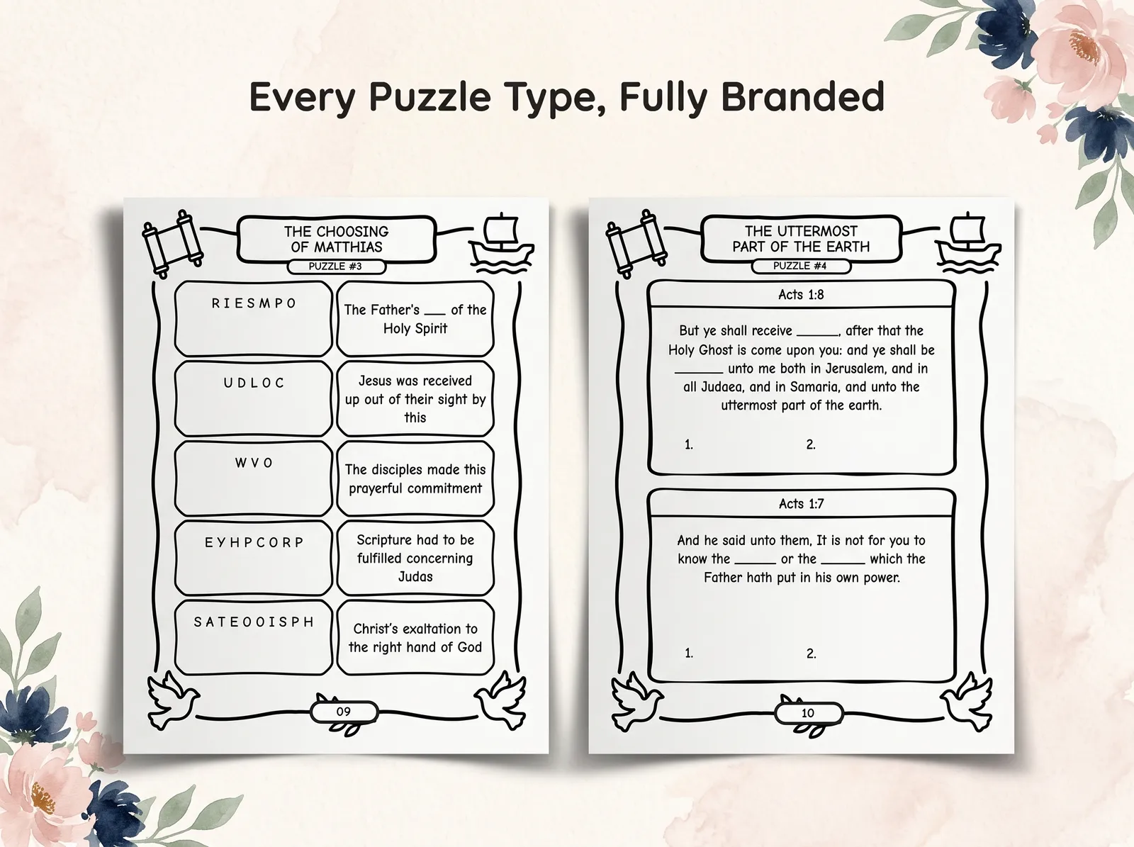 Word scramble and fill-in-the-blank Bible verse pages